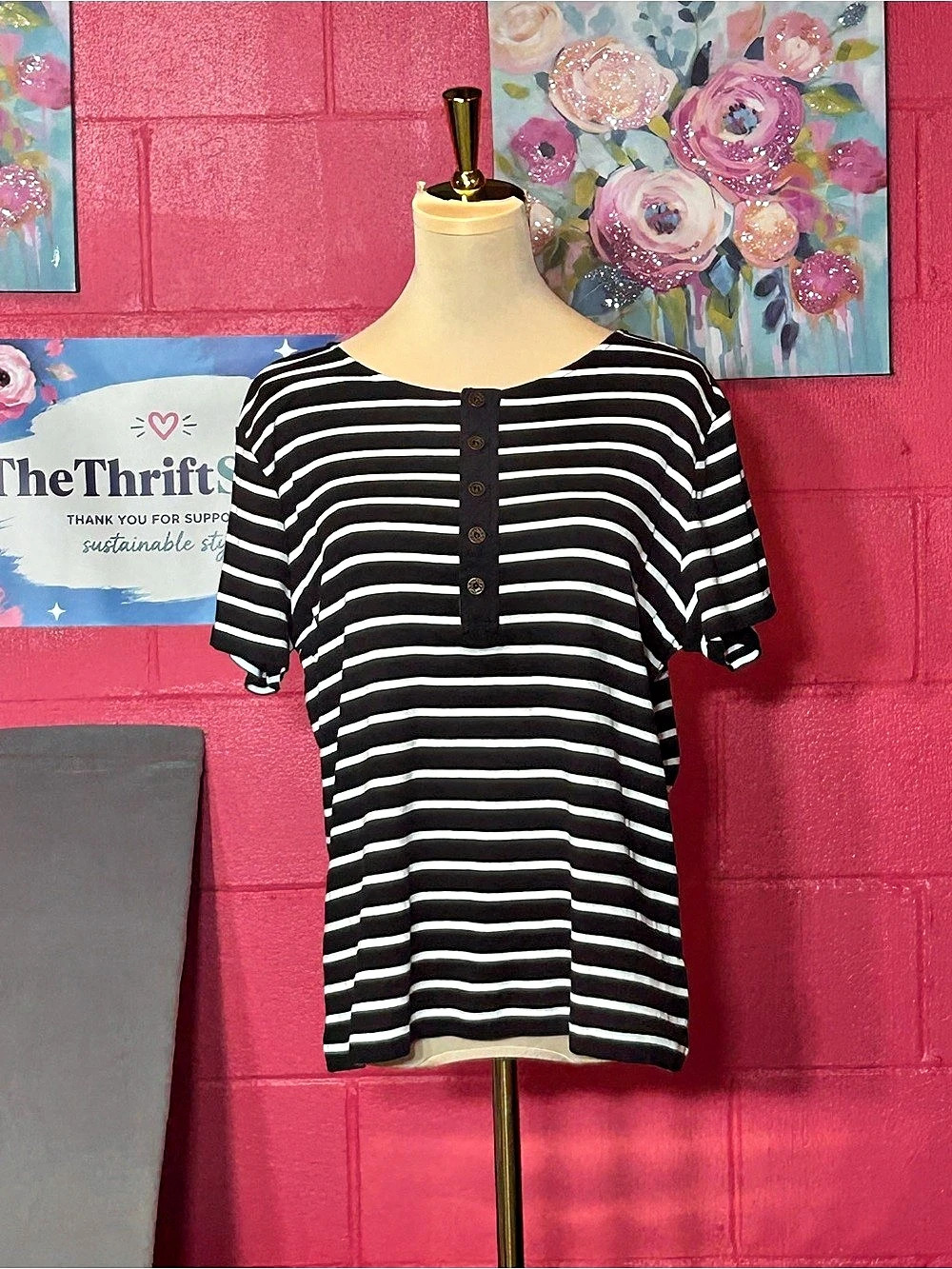 Lauren Jeans Co. Striped Cotton Top in Black & White Size XL